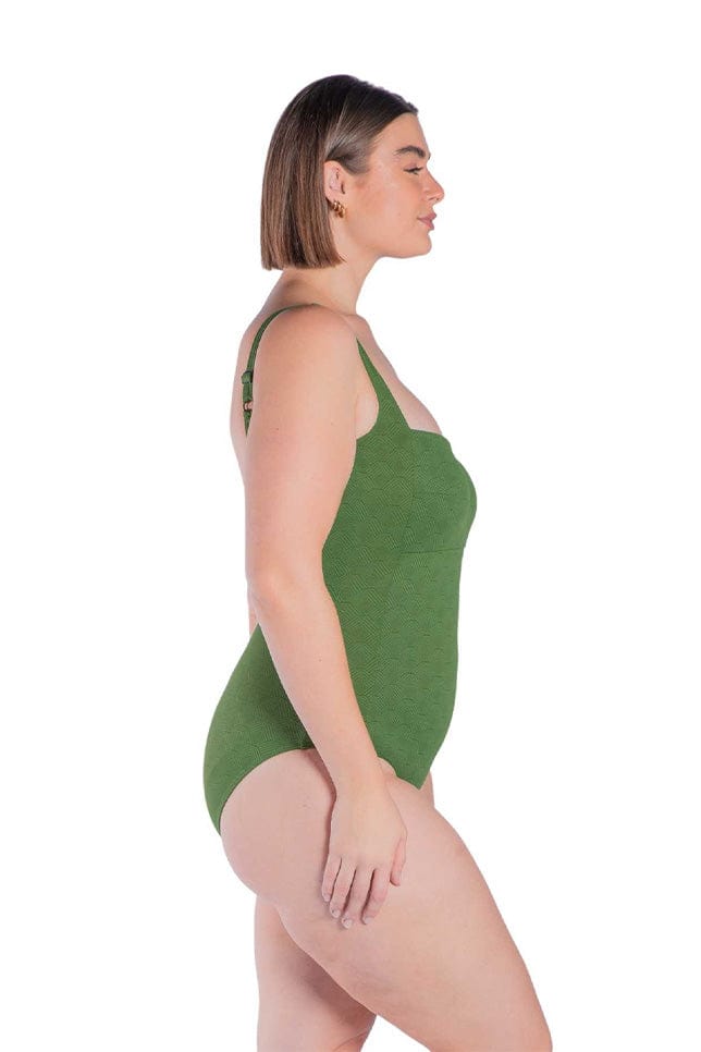 Model wearing olive green textured one piece swimsuit with square neckline