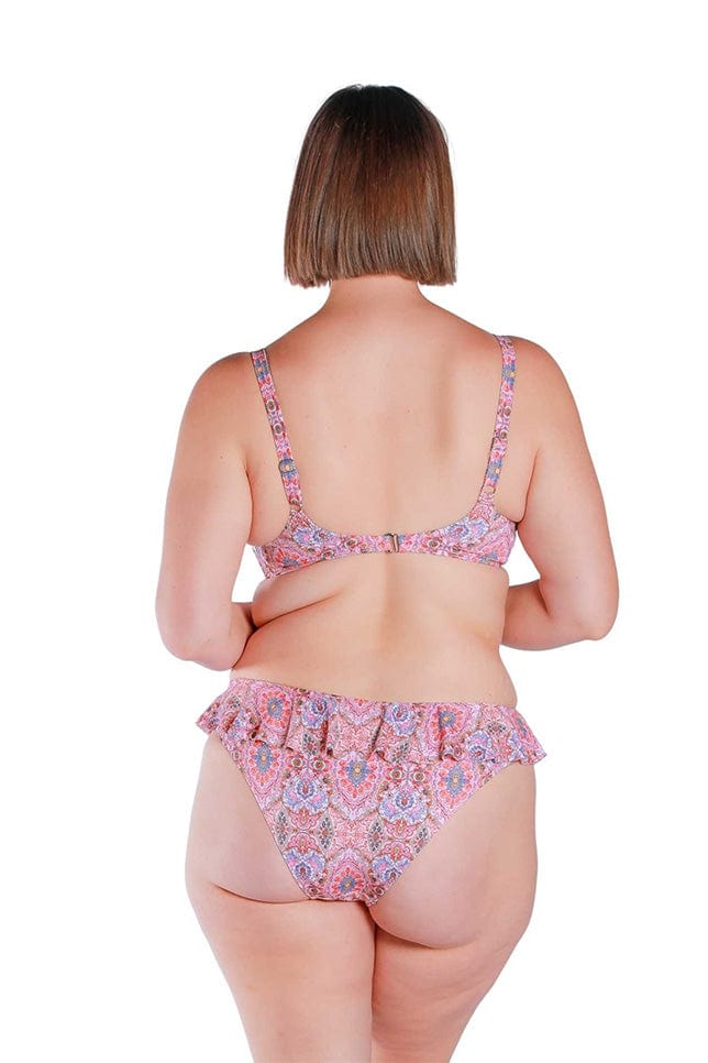 brunette women wearing pink bohemian supportive underwire bikini top with adjustable hook back