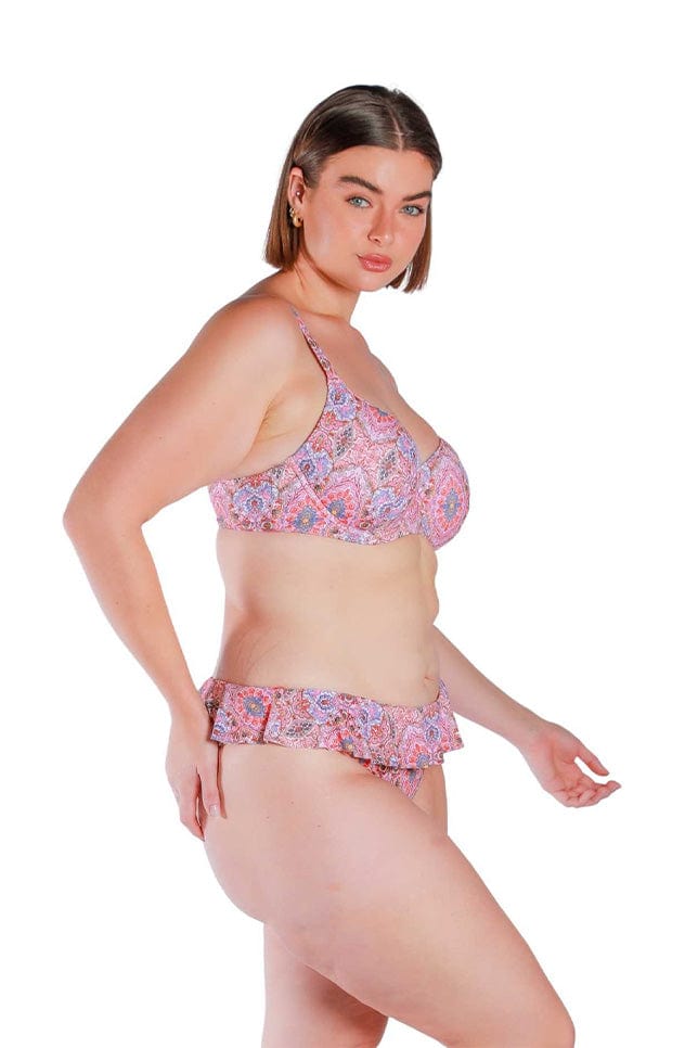 brunette size 14 women wearing figure flattering pink mosaic bikini top with underwire support