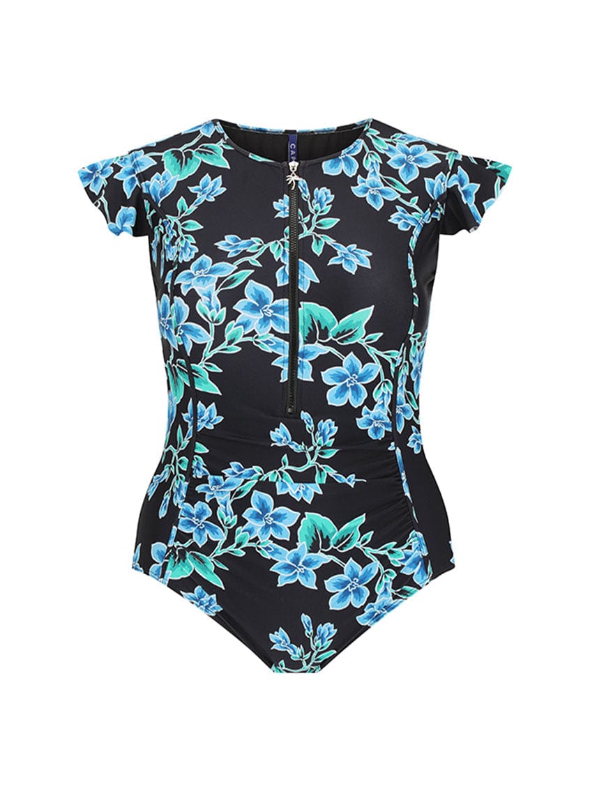 Ghost Mannequin of frill sleeve one piece in blue floral design