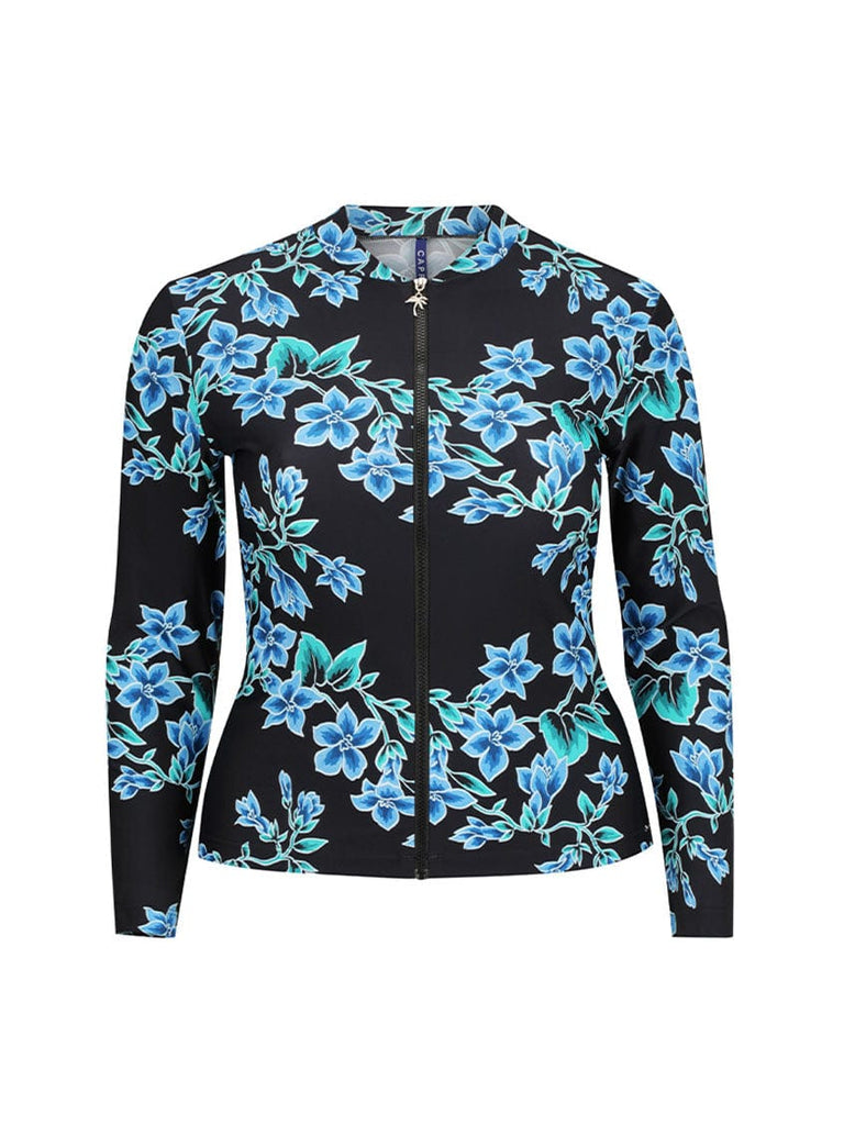 Ghost mannequin of blue floral long sleeve rashie with full front zip