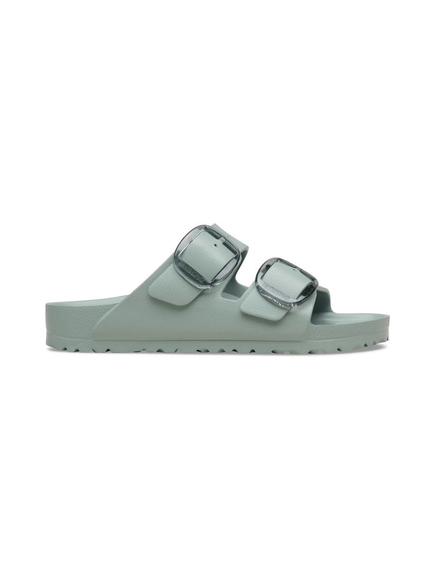 Ghost mannequin of birkenstock beach sandal in sage with buckle detail