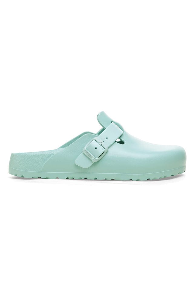 Womens green slip on beach slide with buckle