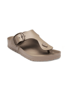 A single taupe-colored thong sandal with a wide strap featuring a large decorative buckle and a small circular button detail, shown against a plain white background.