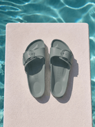 Birkenstock sage sandal at pool with big buckle detail
