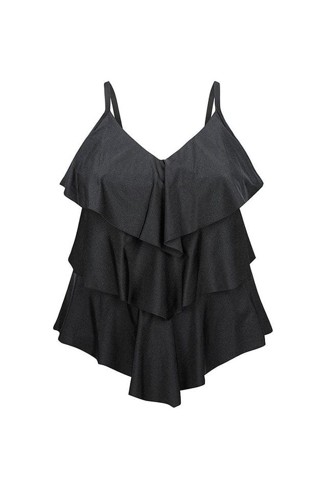 Ghost mannequin black 3 tier ruffle tankini top