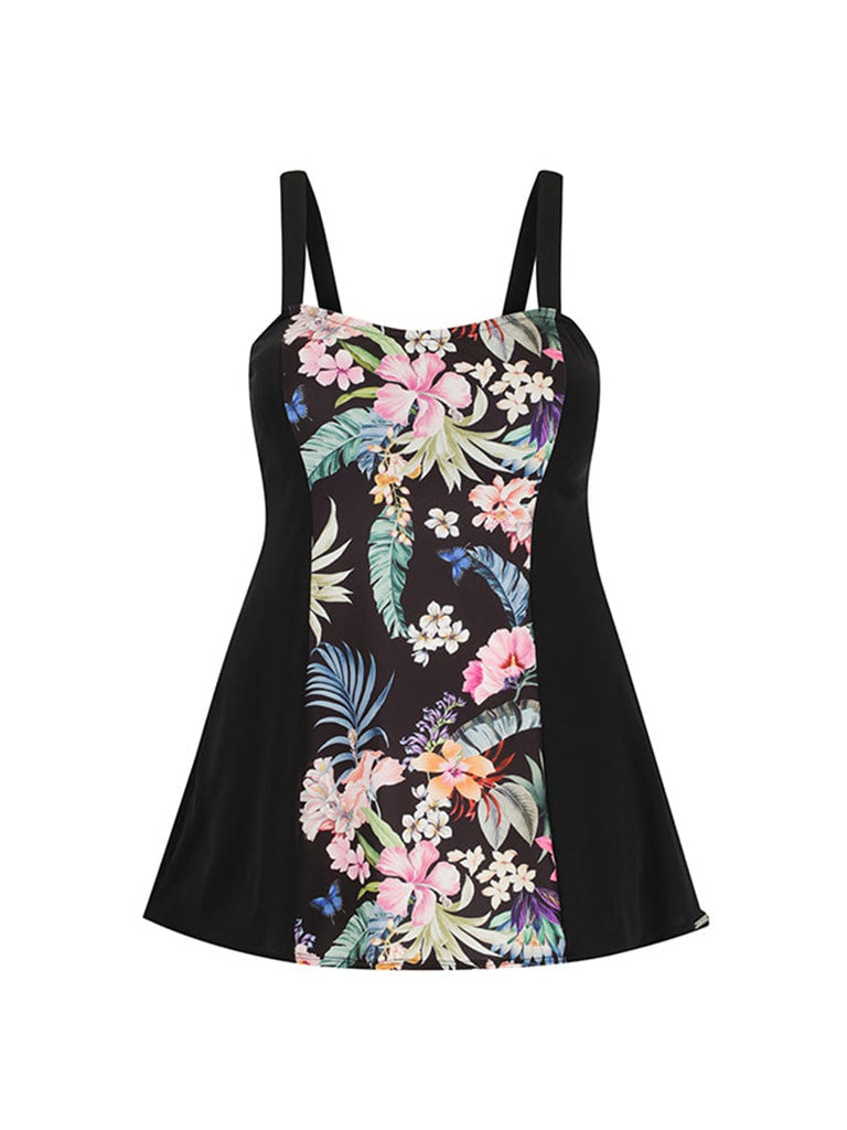 ghost mannequin of pool proof wide strap swim dress in black floral print