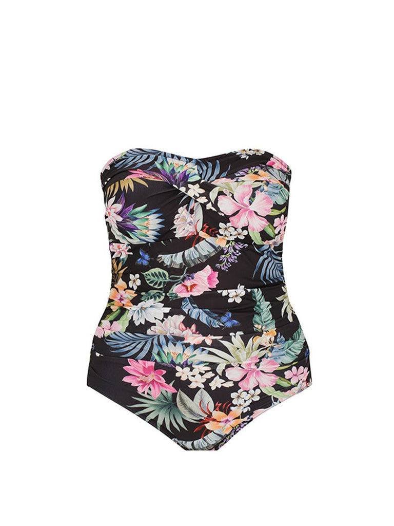 Ghost mannequin of black floral chlorine resistant strapless one piece swimsuit