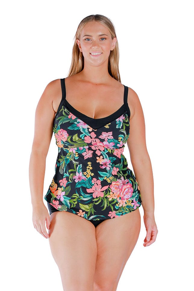 model wearing black tropical floral underwire tankini top
