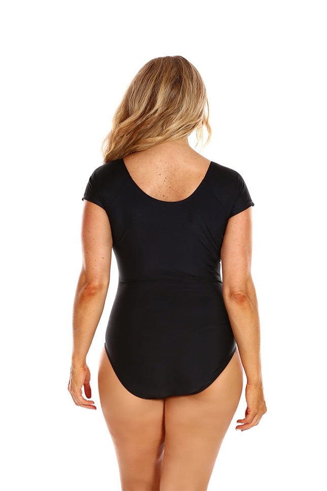 Model wears high back full coverage swimsuit