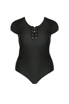 ghost mannequin of black short sleeve tie front one piece bathing suit