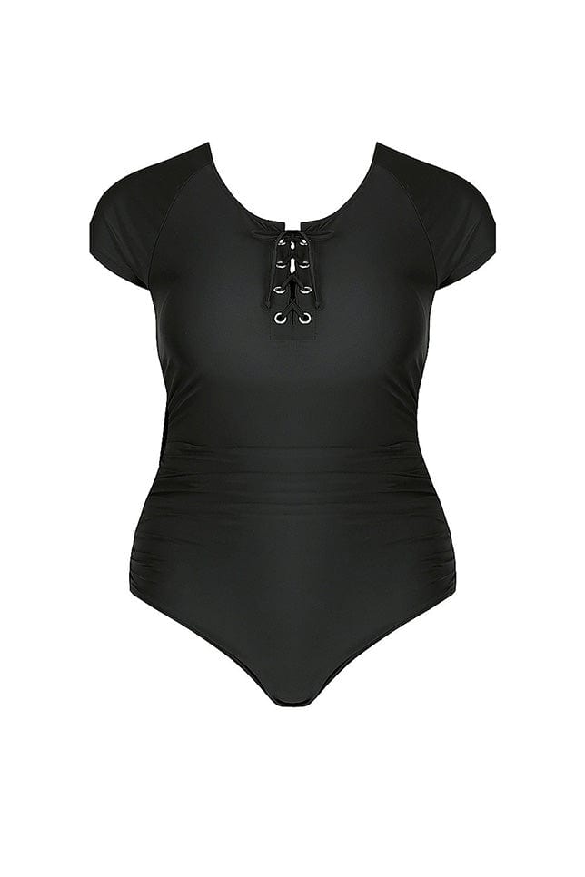 ghost mannequin of black short sleeve tie front one piece bathing suit