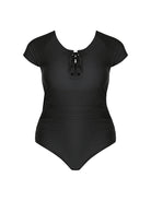ghost mannequin of black short sleeve tie front one piece bathing suit