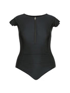 Ghost mannequin black zip front frill sleeve one piece
