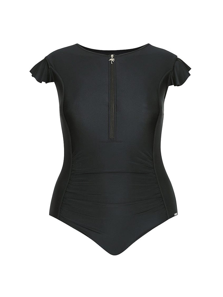Ghost mannequin black zip front frill sleeve one piece