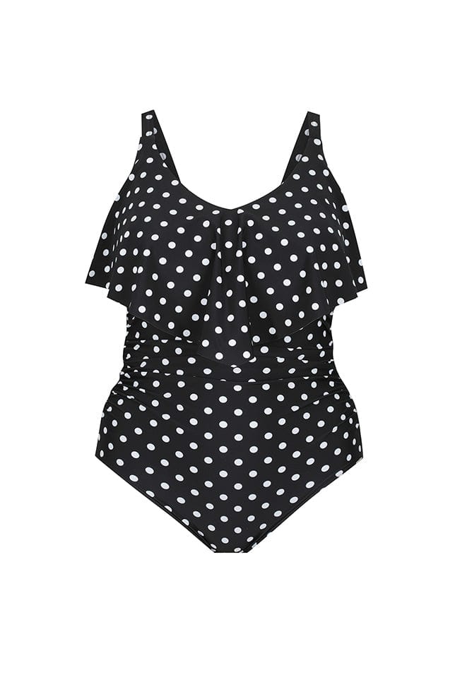 Ghost mannequin black and white dots frill v neck one piece