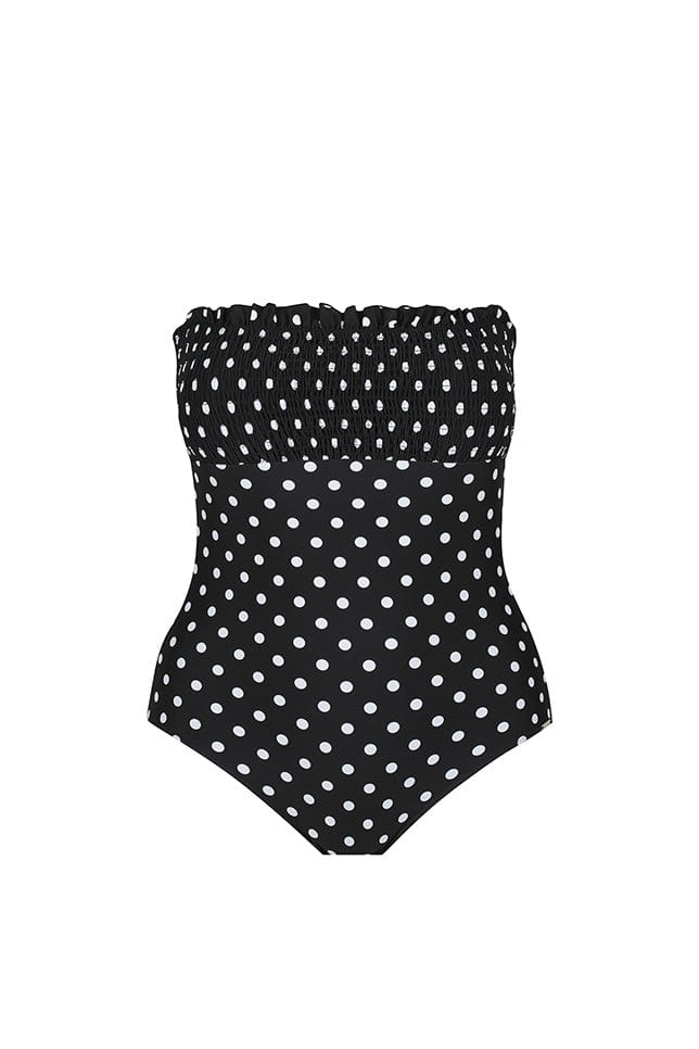 Ghost mannequin black and white dots shirred bandeau one piece