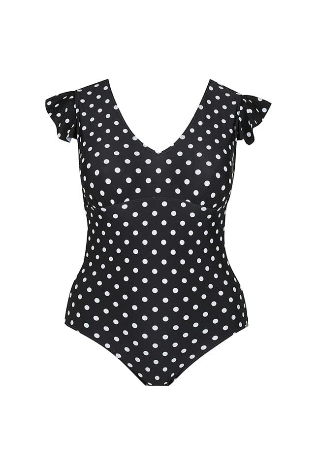 Ghost mannequin black and white dots v neck frill sleeve one piece