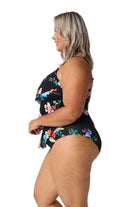 Model showing side of black floral three tier one piece