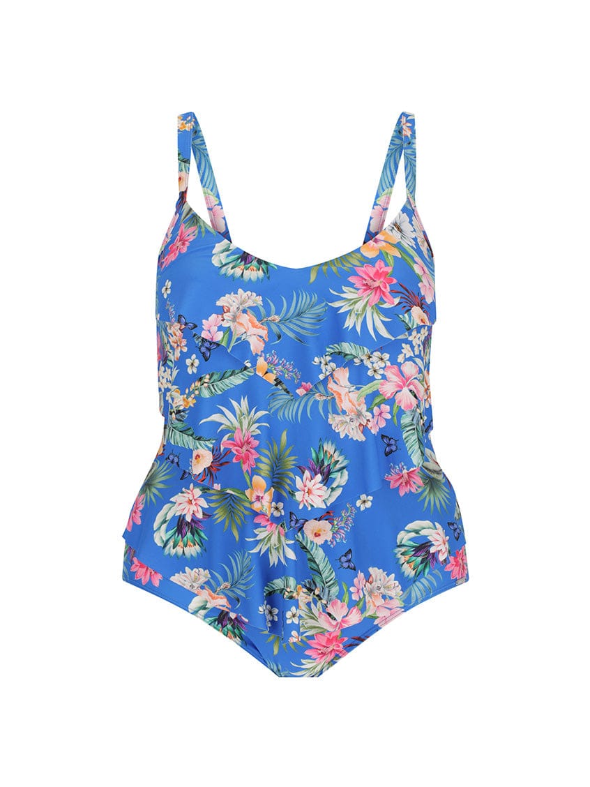 Ghost mannequin of 3 tier one piece in blue floral print