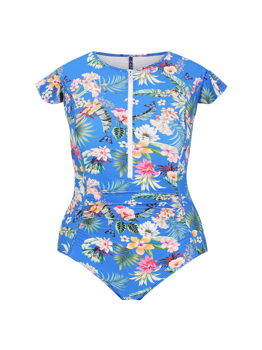 Ghost mannequin of blue floral frill sleeve one piece with shelf bra