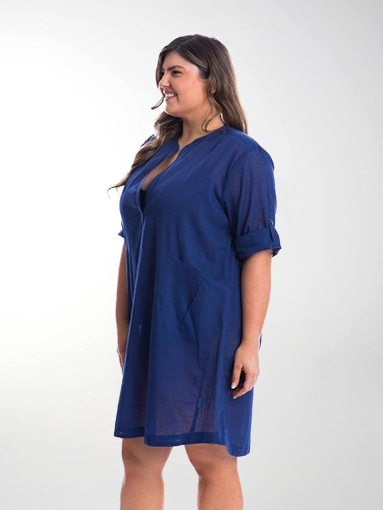 Side profile of model in studio wearing overshirt with pockets