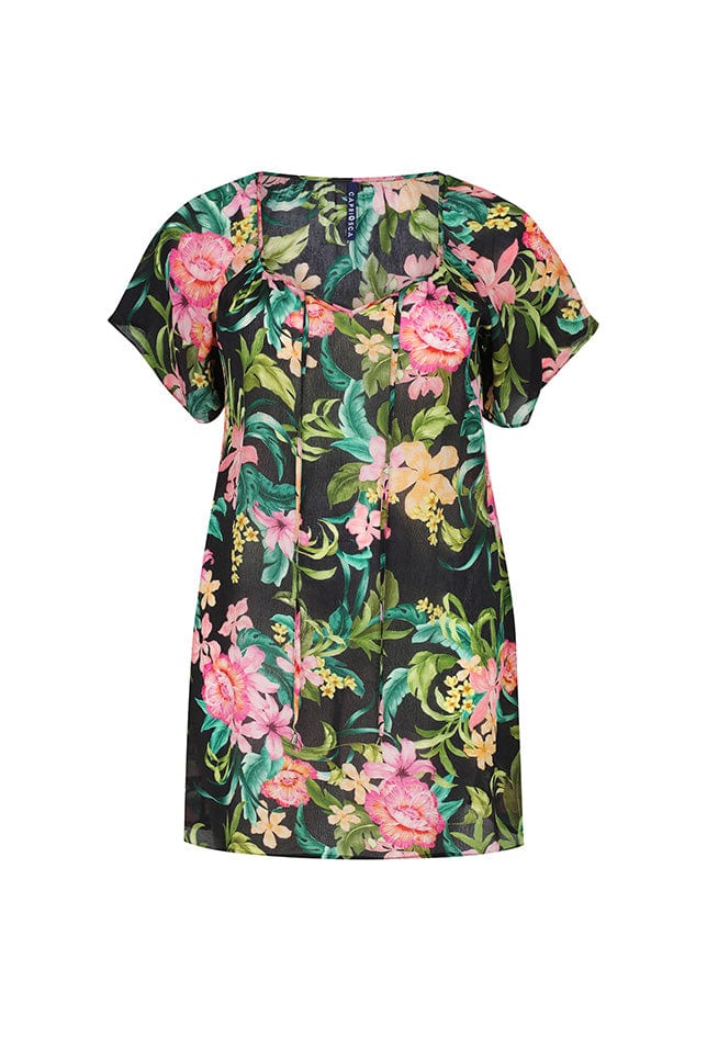 Ghost mannequin of floral and black beach cover up dress