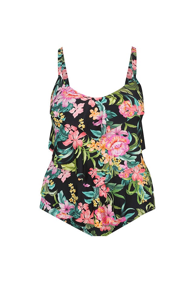 Ghost mannequin floral and black three tiered frill one piece