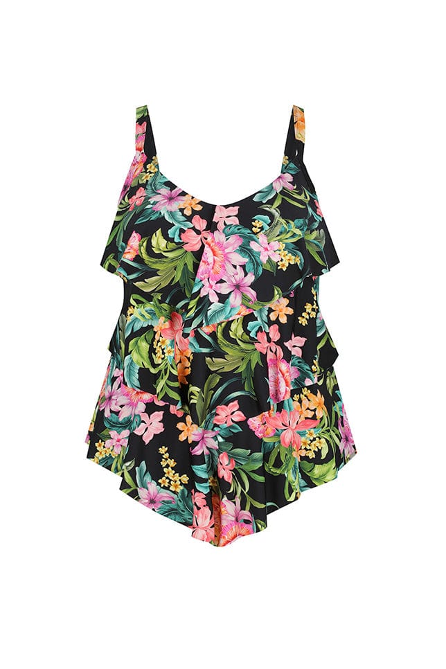 Ghost mannequin black floral 3 tier tankini top