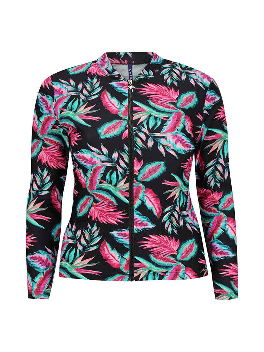 Jacket with tropical leaf pattern on a white background