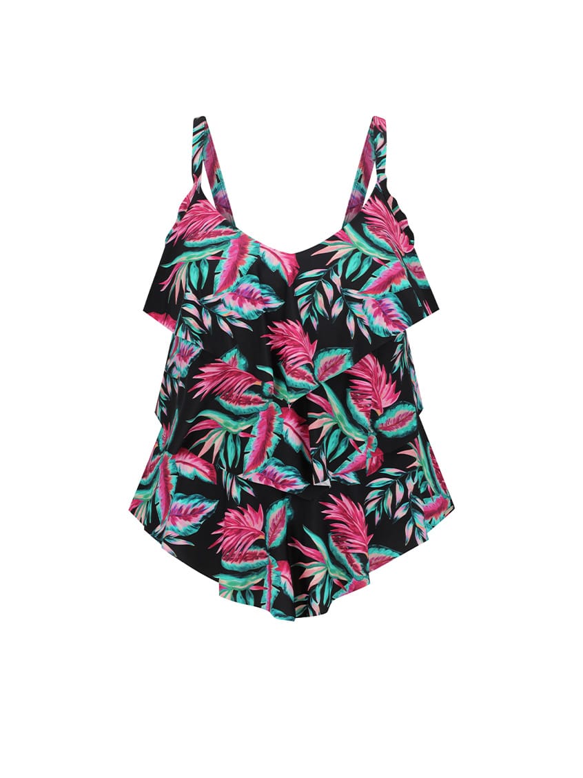 A women's 3 tier tankini swimsuit with a black background and a vibrant tropical leaf print in pink, teal, and green, featuring ruffled shoulder straps and a ruffled peplum hem.