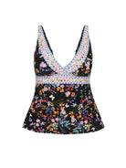 Floral-patterned tankini top with lace trim on a white background