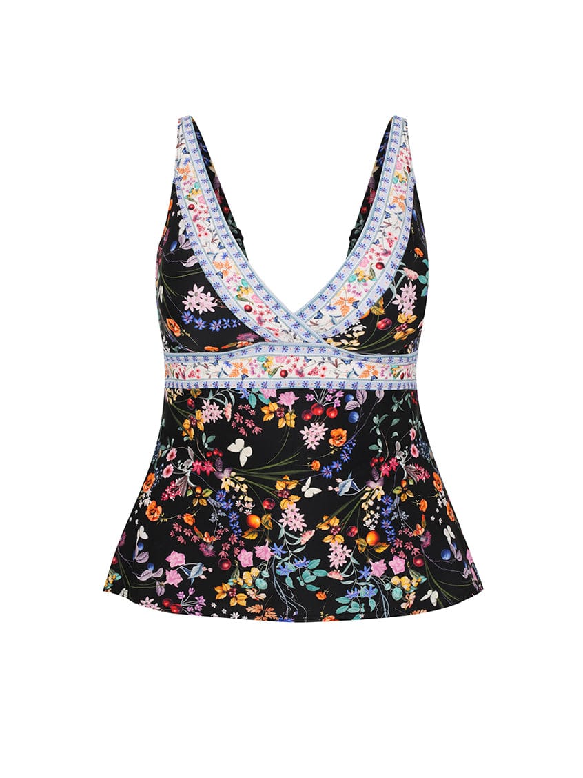 Floral-patterned tankini top with lace trim on a white background