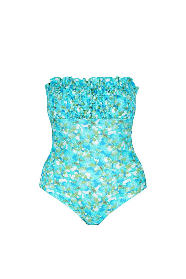 Ghost mannequin blue and green patterned shirred top one piece swimsuit