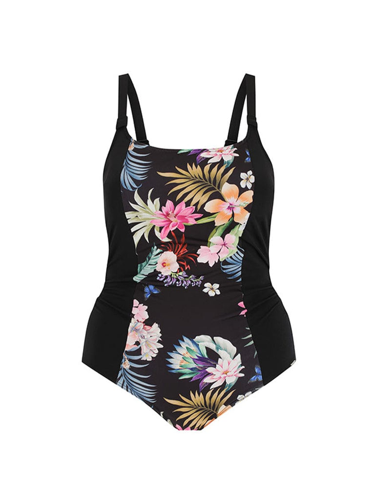 Ghost mannequin of womens chlorine resistant one piece swimsuit black floral