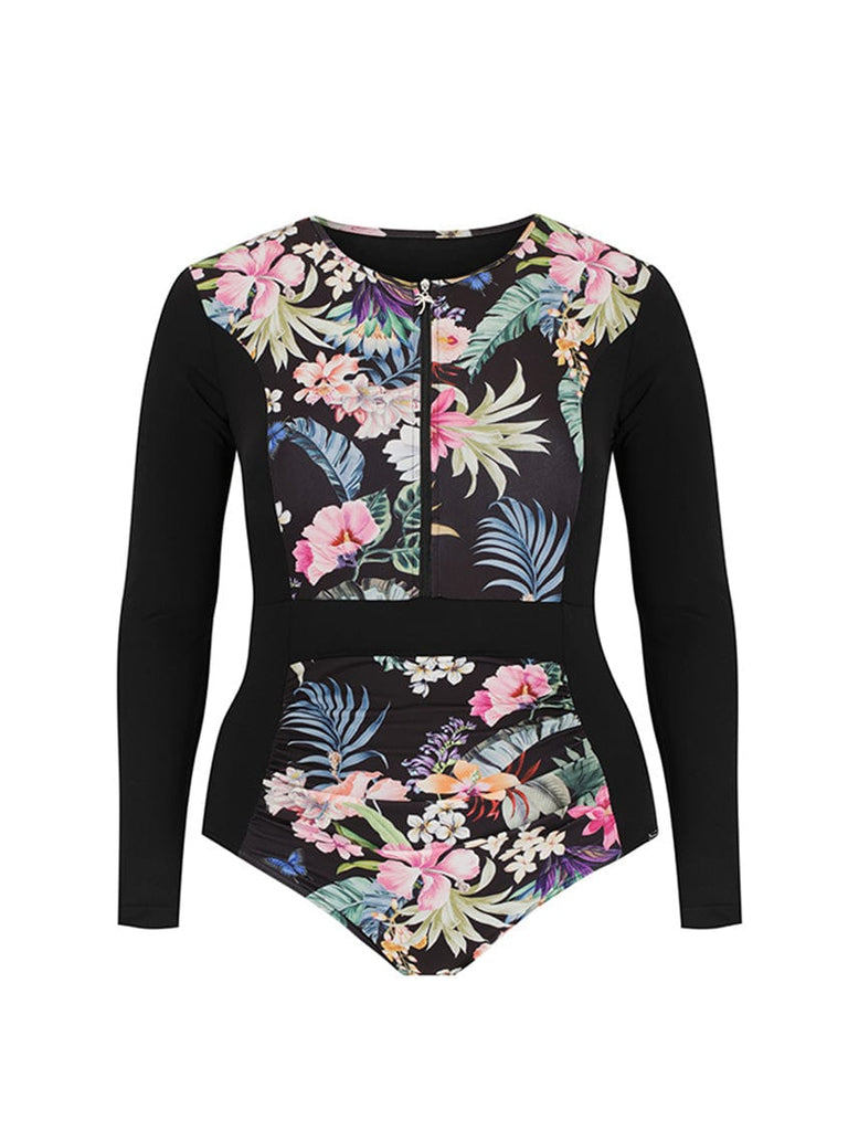 ghost mannequin of womens pool proof zip front long sleeve one piece in floral tropical print