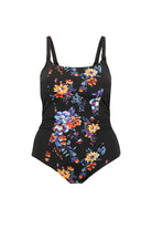Ghost mannequin black, blue and orange floral one piece