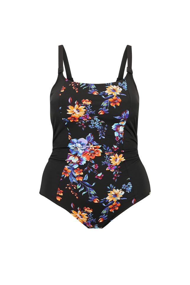 Ghost mannequin black, blue and orange floral one piece