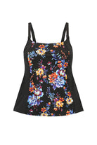 Ghost mannequin black blue and orange floral tankini top