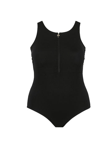 Chlorine Resistant Black Sleeveless Zip Up One Piece Swimsuit