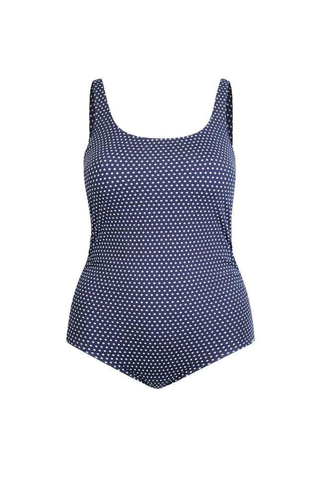Ghost mannequin navy and white dots tank one piece
