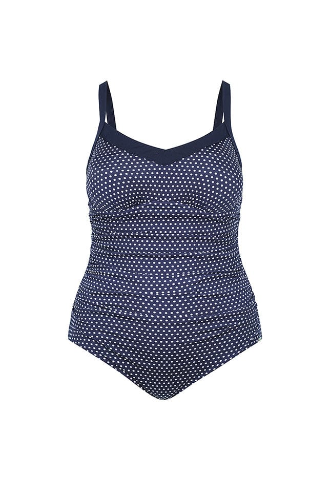 Ghost mannequin navy and white dots underwire v neck one piece