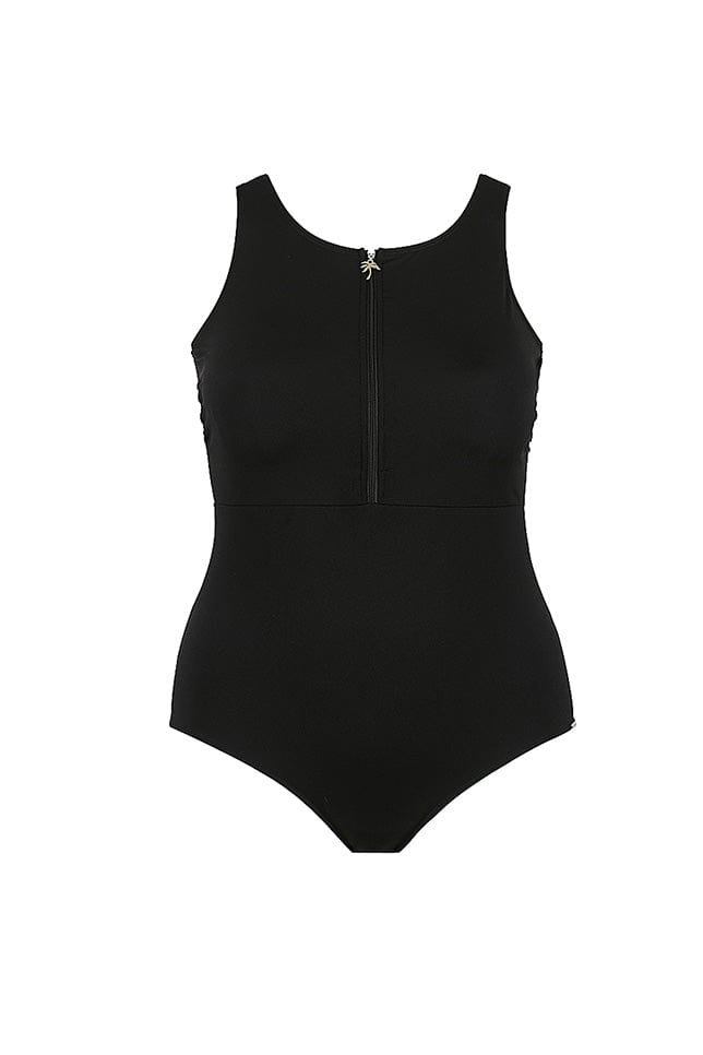 Ghost Mannequin Chlorine Resistant Sleeveless Black Zip Front One Piece