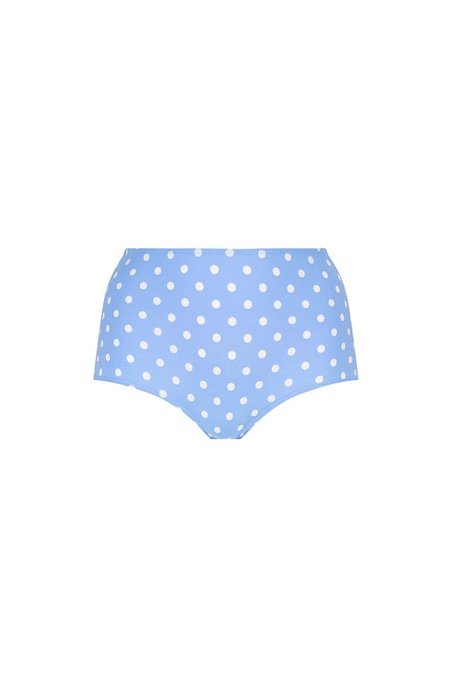 Chlorine resistant high waisted bikini bottoms in blue and white spot