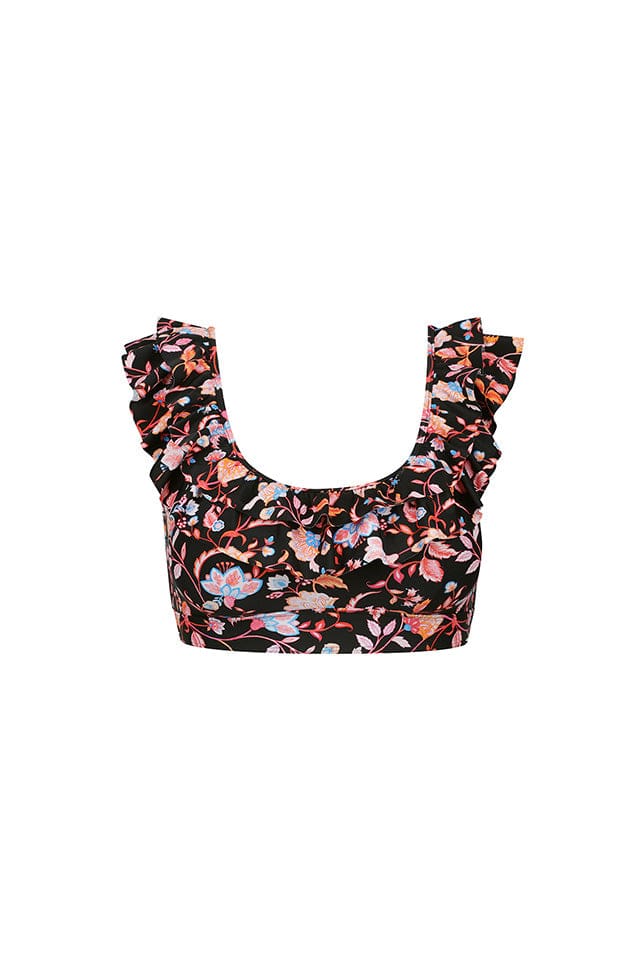 black floral ruffle bikini top