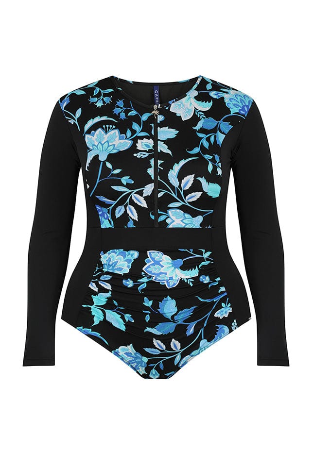 ghost mannequin image of the long sleeve corsica turquoise one piece swimsuit