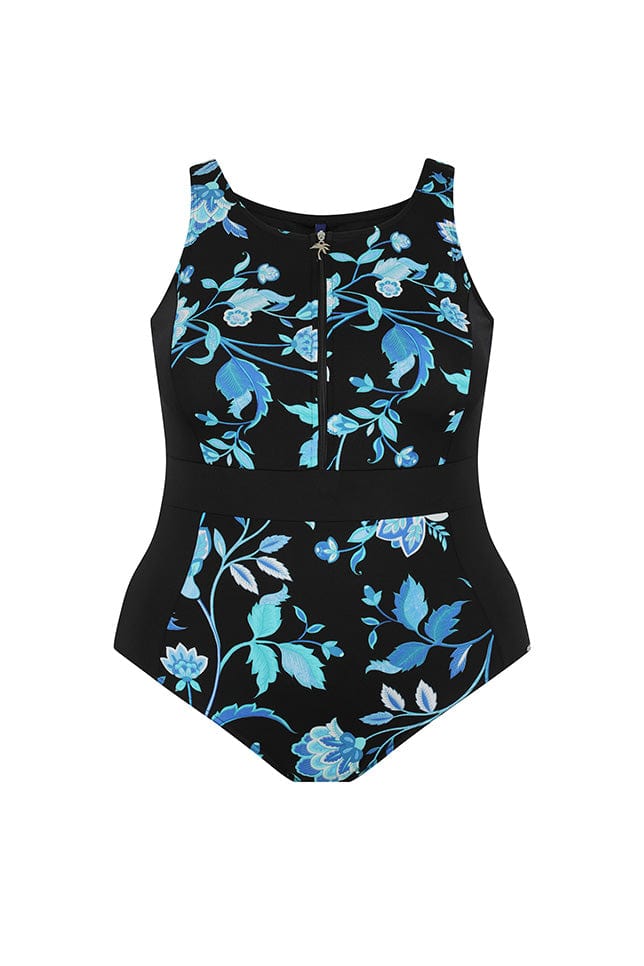 ghost mannequin image of the corsica turquoise floral one piece swimwear