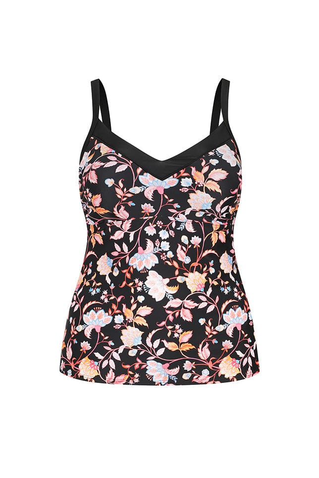 Ghost mannequin black floral underwire tankini top