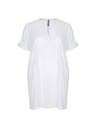 Ghost mannequin of white cotton overshirt dress with button up sleeves