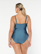 model showing back of shiny grey women's one piece
